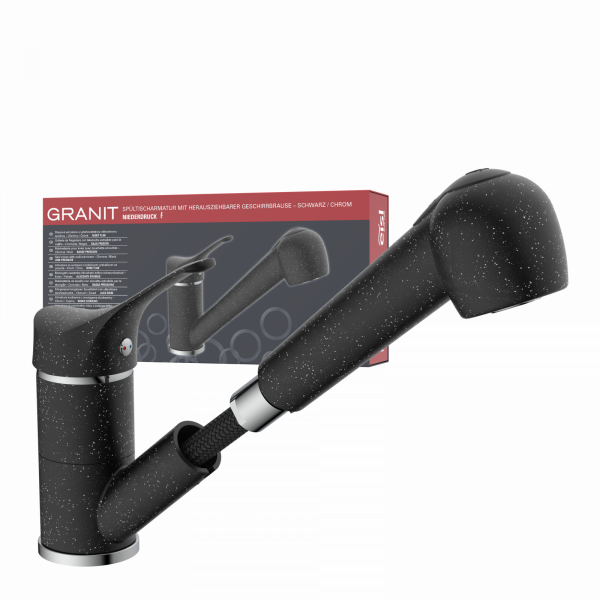 Spültischarmatur GRANIT, herausziehbarer Geschirrbrause, schwenkbar, Granit/Schwarz, Niederdruck