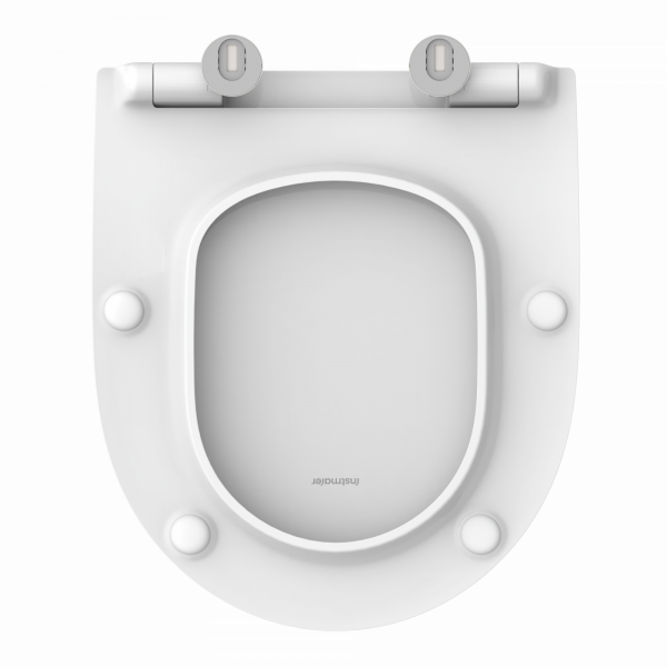 Weißer WC-Sitz mit ovaler Öffnung und zwei Metallscharnieren in Aufsicht.