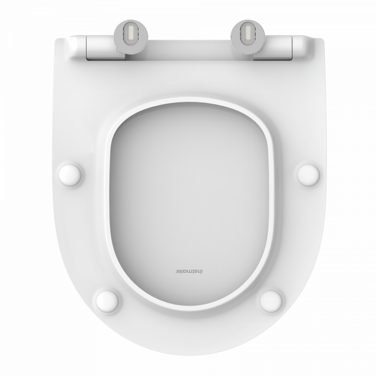 Weißer WC-Sitz mit ovaler Öffnung und zwei Metallscharnieren in Aufsicht.