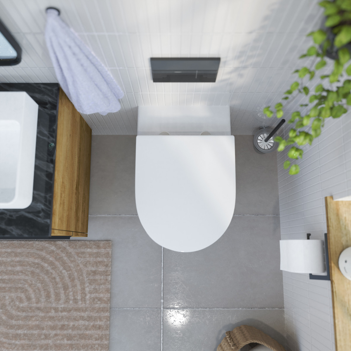 Wandhängende weiße Toilette mit weißem WC-Sitz in D-Form neben Holzwaschtisch