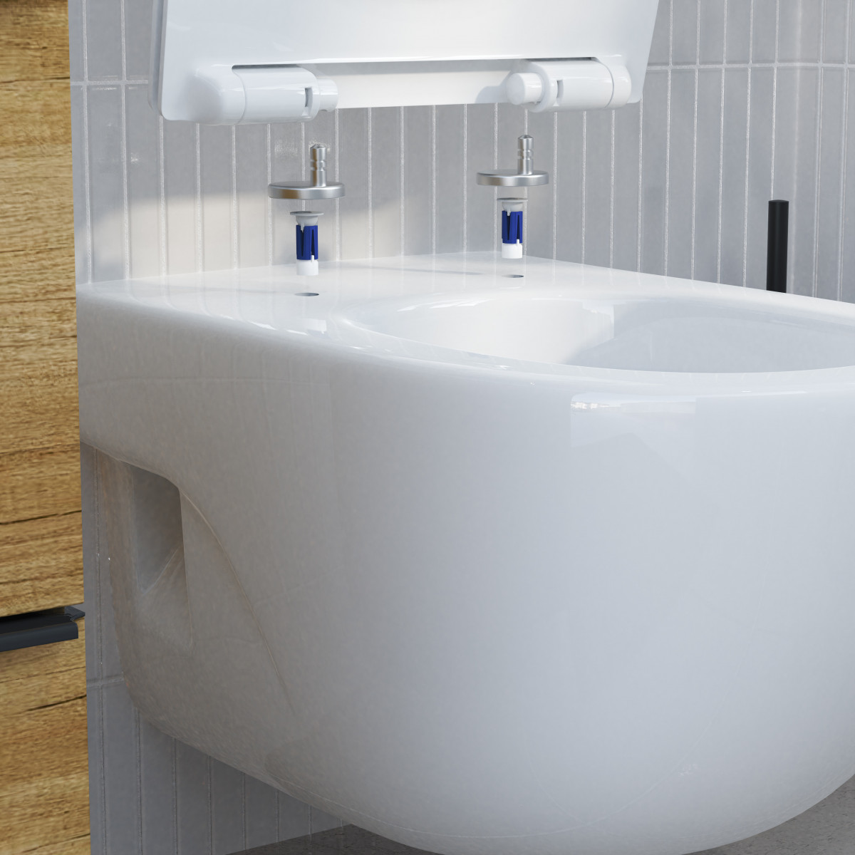 Nahaufnahme eines weißen WC-Sitzes welches an Wand-Bidet montiert wird
