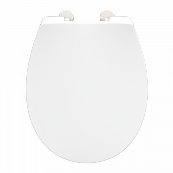 Weißer ovaler WC-Sitz mit geschlossener Deckelansicht vor neutralem Hintergrund.