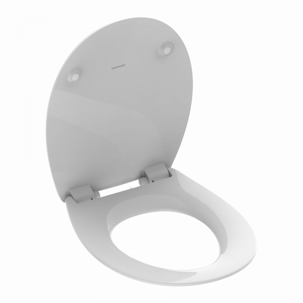 Weißer Toilettensitz mit offenem Deckel und sichtbaren Scharnieren.