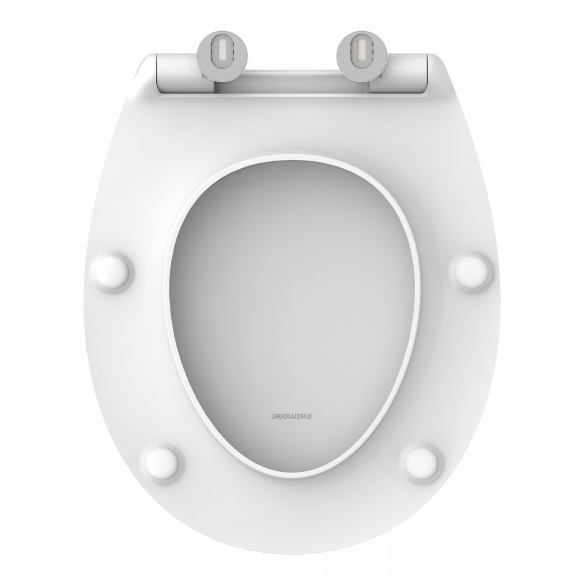 Weißer ovaler Toilettensitz mit vier Puffern und silbernen Metallscharnieren.
