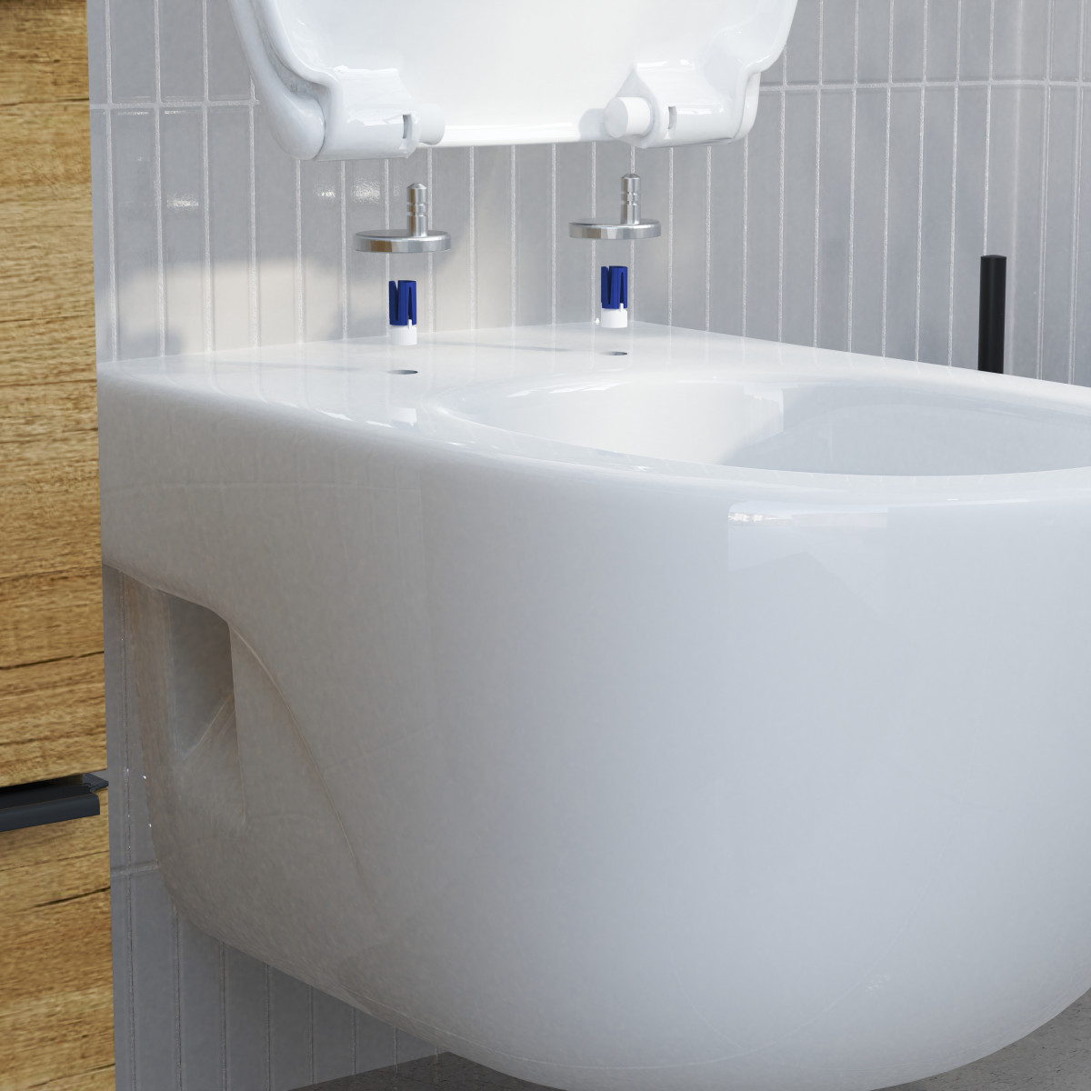 Nahaufnahme eines weißen WC-Sitzes welches an Wand-Bidet montiert wird