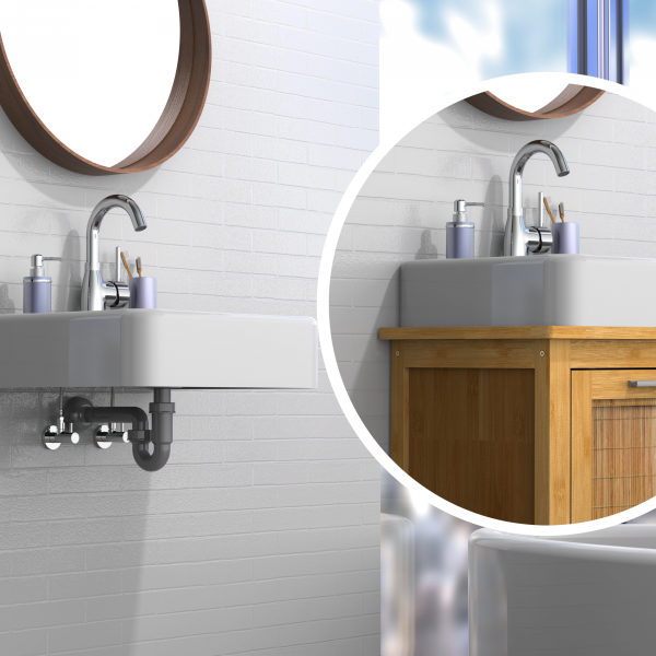 Waschbecken mit Chromarmatur, Seifenspender und Zahnbürstenhalter vor weißer Wand.