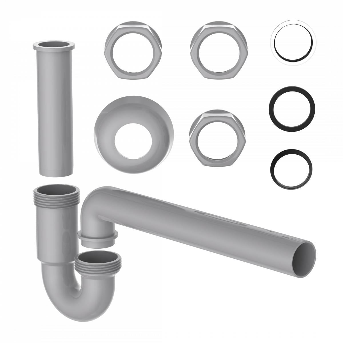 Grauem Siphon-Set mit gebogenen und geraden Rohrteilen, Muttern und Dichtungen.
