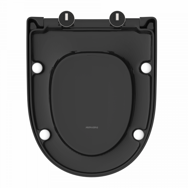 Schwarzer WC-Sitz mit abgerundeter Form und silbernen Metallscharnieren.