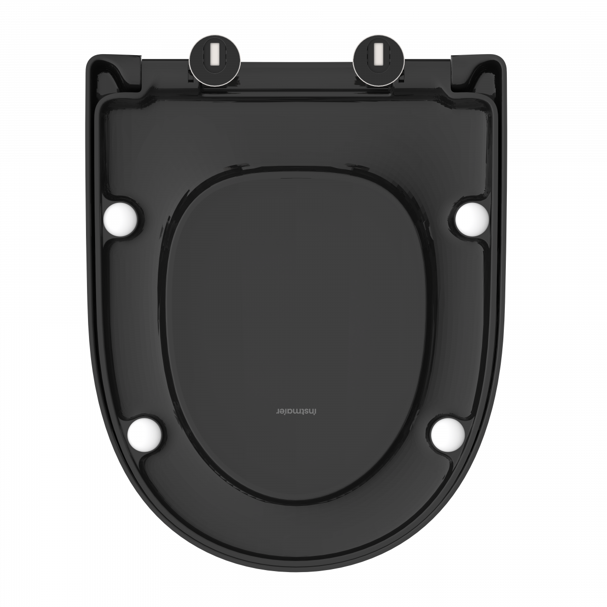 Schwarzer WC-Sitz mit abgerundeter Form und silbernen Metallscharnieren.