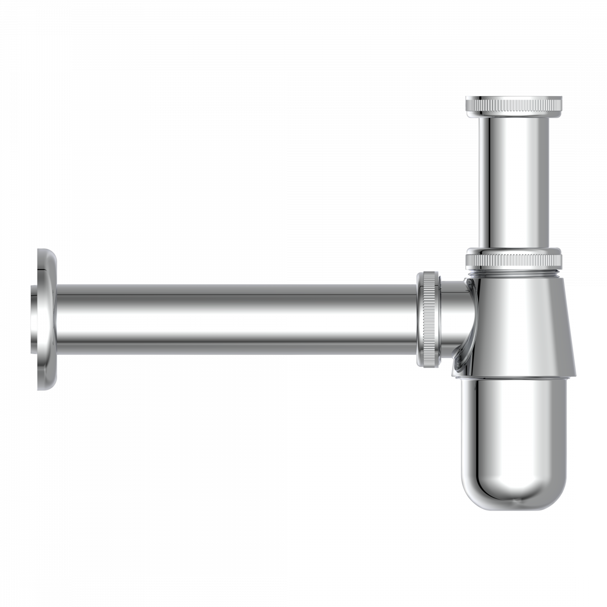Verchromter Flaschensiphon mit geradem Wandanschluss und senkrechtem Ablaufrohr.