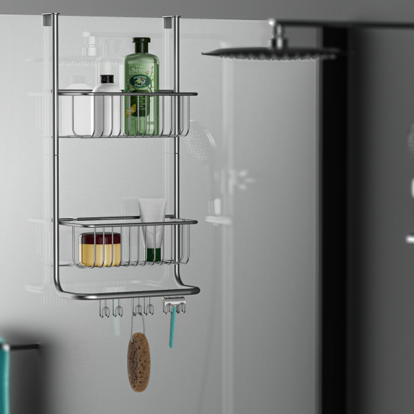 Zweistöckiges Duschregal aus Metall mit Haken und befüllten Ablagen in einer Dusche.