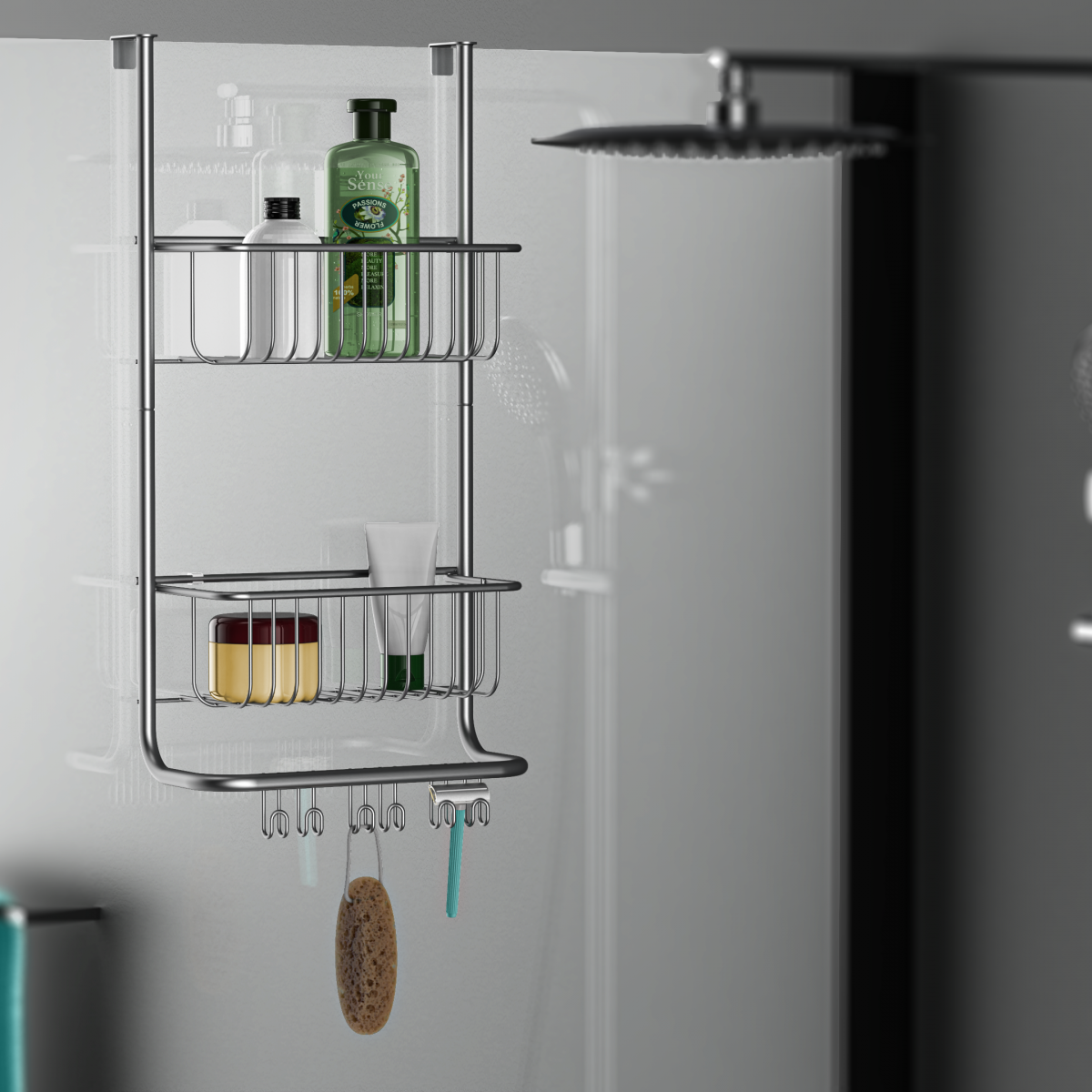 Zweistöckiges Duschregal aus Metall mit Haken und befüllten Ablagen in einer Dusche.
