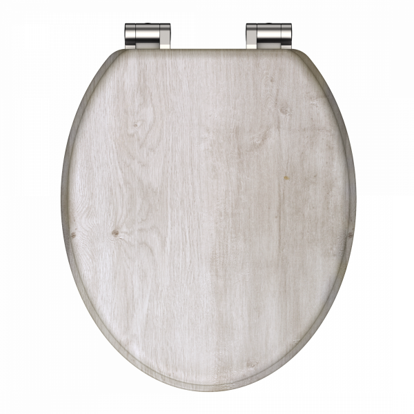 Ovaler WC-Sitz mit grauer Holzoptik und silberfarbenen Metallscharnieren.