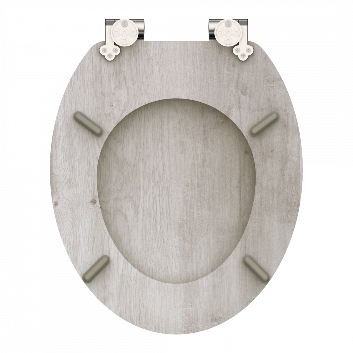 Ovaler WC-Sitz in grauer Holzoptik mit silberfarbenen Metallscharnieren.