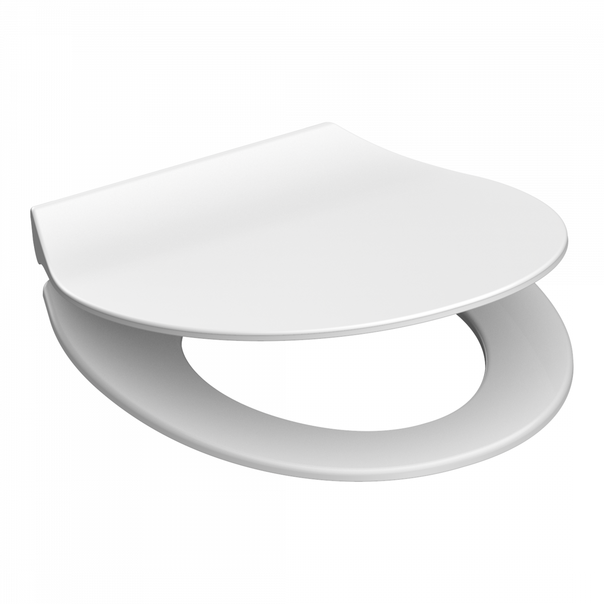 Weißer WC-Sitz mit Deckel in ovaler Form, leicht geöffnet dargestellt.