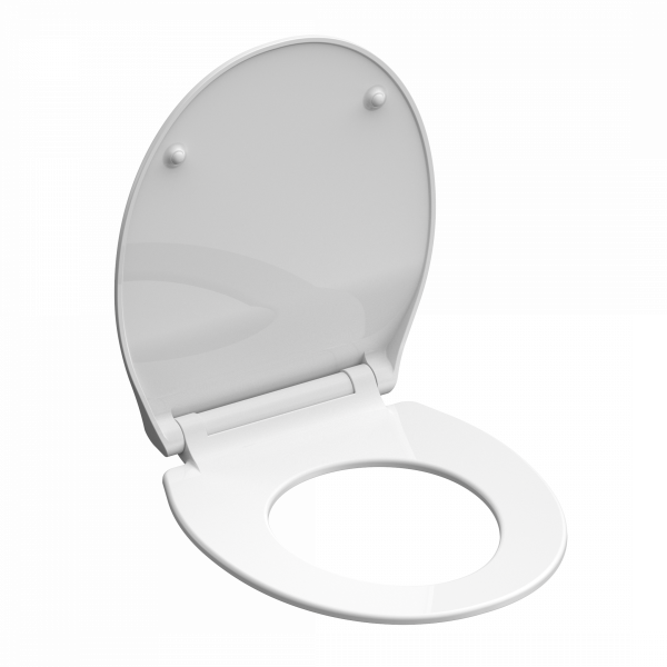 Weißer Toilettensitz mit geöffnetem Deckel und runder Sitzfläche.