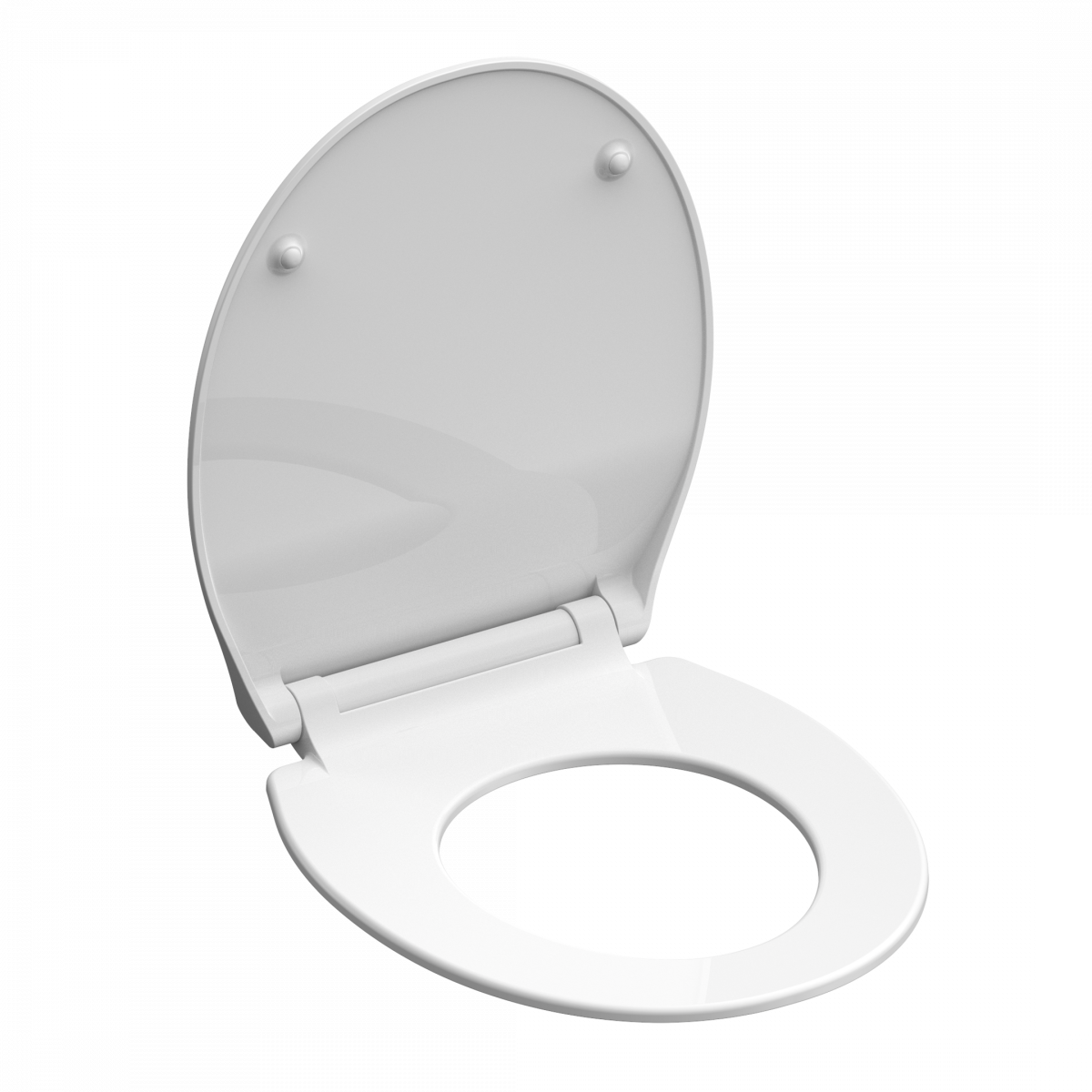 Weißer Toilettensitz mit geöffnetem Deckel und runder Sitzfläche.
