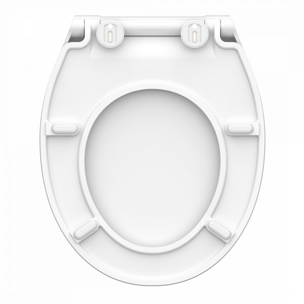 Weiße Toilettensitzunterseite mit Scharnieren und vier runden Auflageflächen.