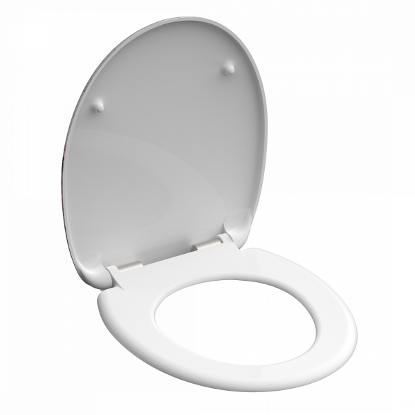 Weißer WC-Sitz aus Kunststoff mit geöffnetem Deckel und Scharnieren.