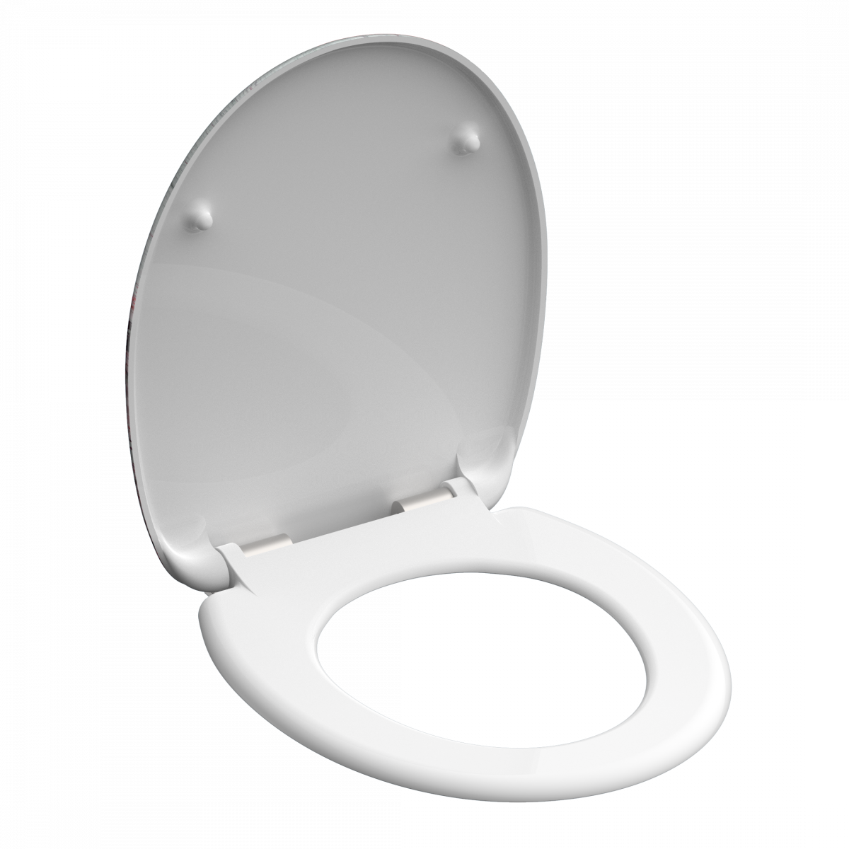 Weißer WC-Sitz aus Kunststoff mit geöffnetem Deckel und Scharnieren.