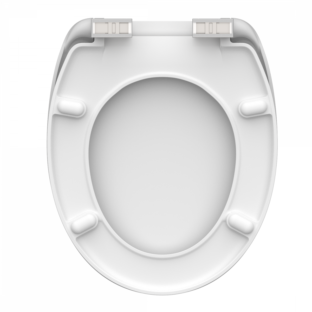 Weiße Toilettensitzunterseite mit Kunststoffpuffern und zwei Befestigungsscharnieren.