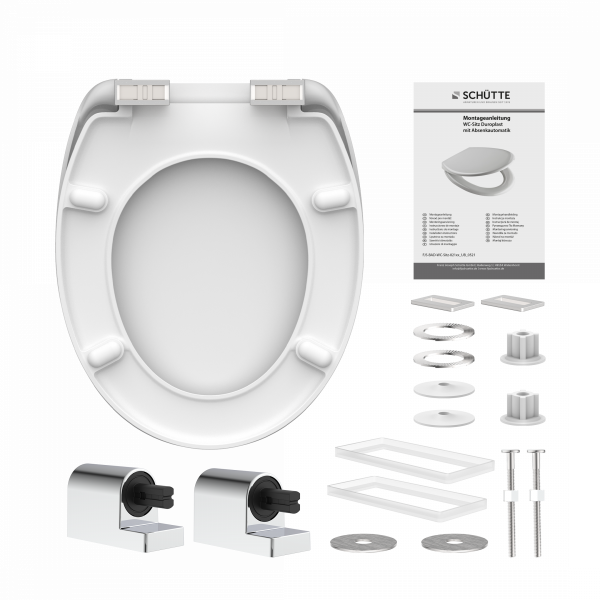 Weißer WC-Sitz mit Absenkautomatik von unten, inklusive Montageset und Anleitung - Schütte.
