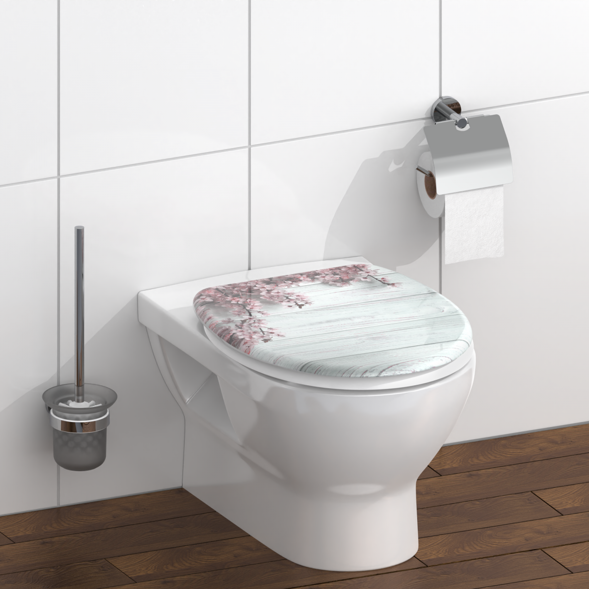 Wandhängende Toilette mit WC-Sitz in Holzoptik und Kirschblütenmuster in weißem Badezimmer.
