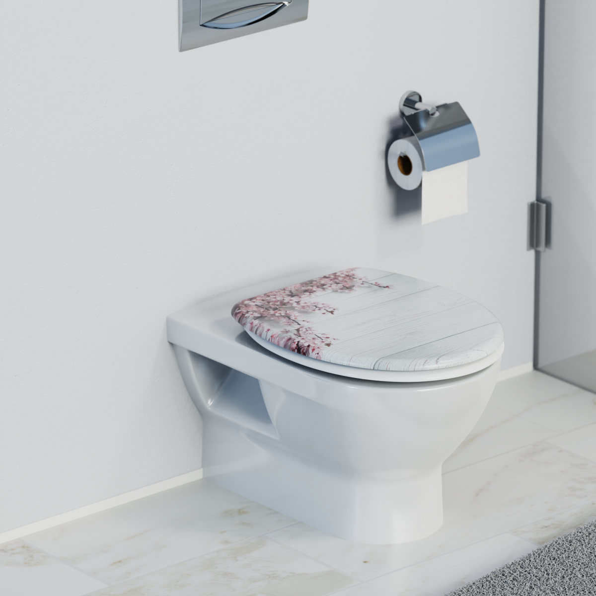 Wandhängende weiße Toilette mit Toilettendeckel in Holzoptik und Blumenmuster.