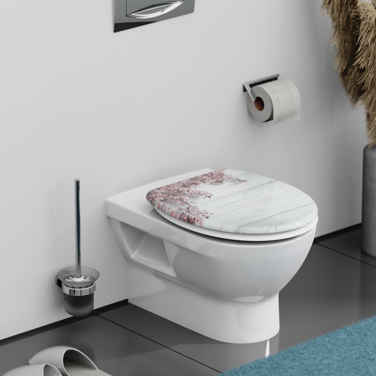 Wandhängende Toilette mit WC-Sitz in Holzoptik und rosa Blütenmotiv in modernem Bad.