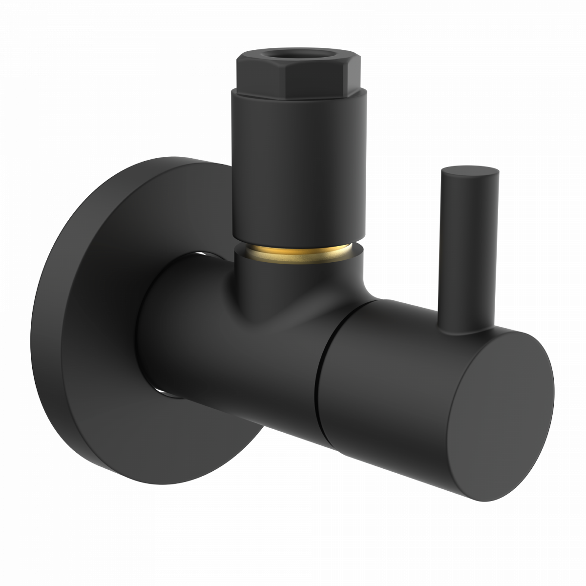 Schwarzes Eckventil mit rundem Wandanschluss und seitlichem Hebelgriff.