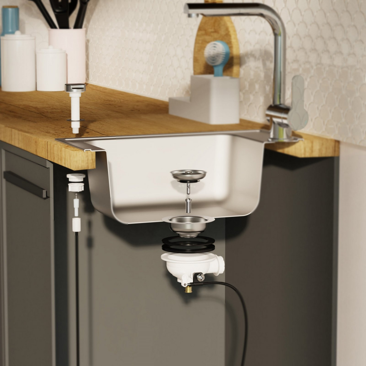 KS Korbventil mit Bowdenzug,1 1/2\" AG, Edelstahl Ventilkelch und Sieb Ø114 mm, mit Überlaufanschluss"