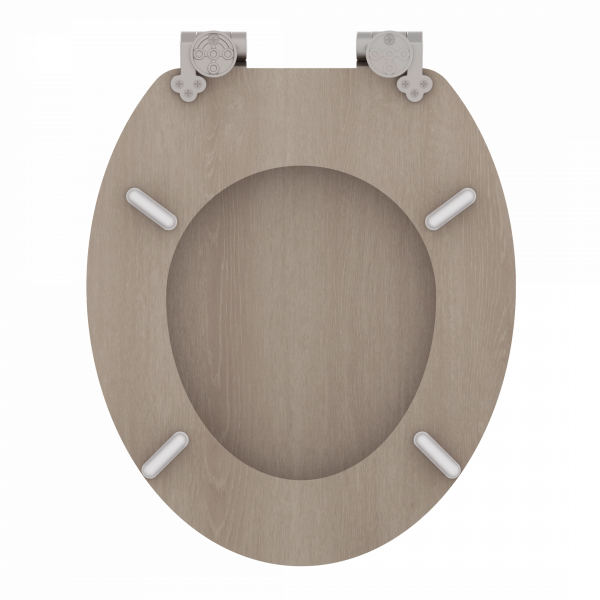 Ovaler WC-Sitz aus Holzdekor mit vier weißen Puffern und silbernen Metallscharnieren.