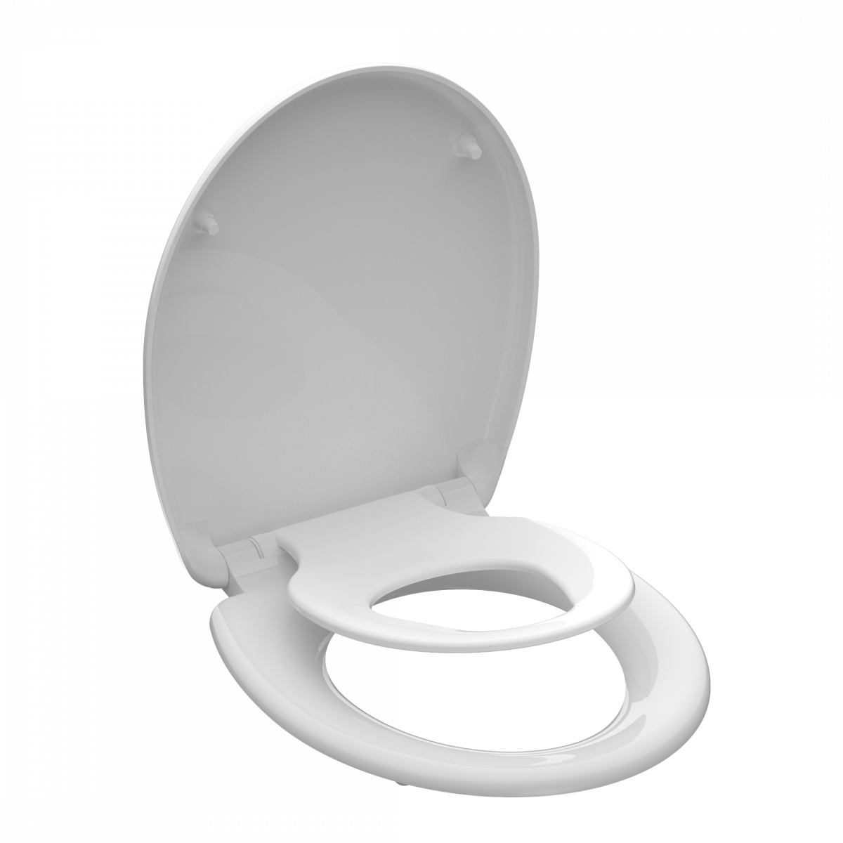 Weißer WC-Sitz mit integriertem kindersitz und geöffnetem Deckel auf weißem Hintergrund.
