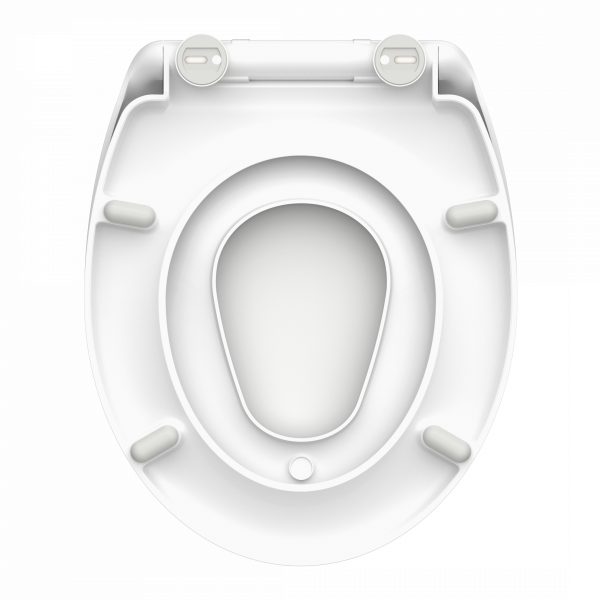 Weiße Toilettensitzbrille mit Befestigungsscharnieren und rutschfesten Auflagen.