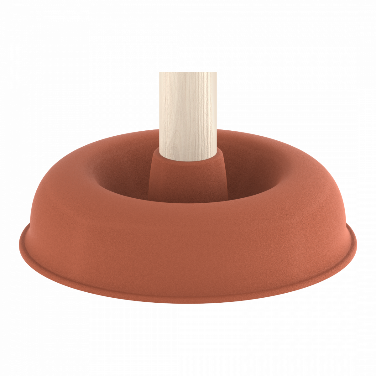 Roter Gummisaugnapf mit hellem Holzstiel, freigestellt auf weißem Hintergrund.