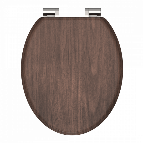 Ovaler WC-Sitz aus dunklem Holzdekor mit silberfarbenen Metallscharnieren.