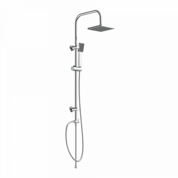 Chromfarbenes Duschsystem mit eckiger Kopfbrause, Handbrause und verstellbarer Stange.