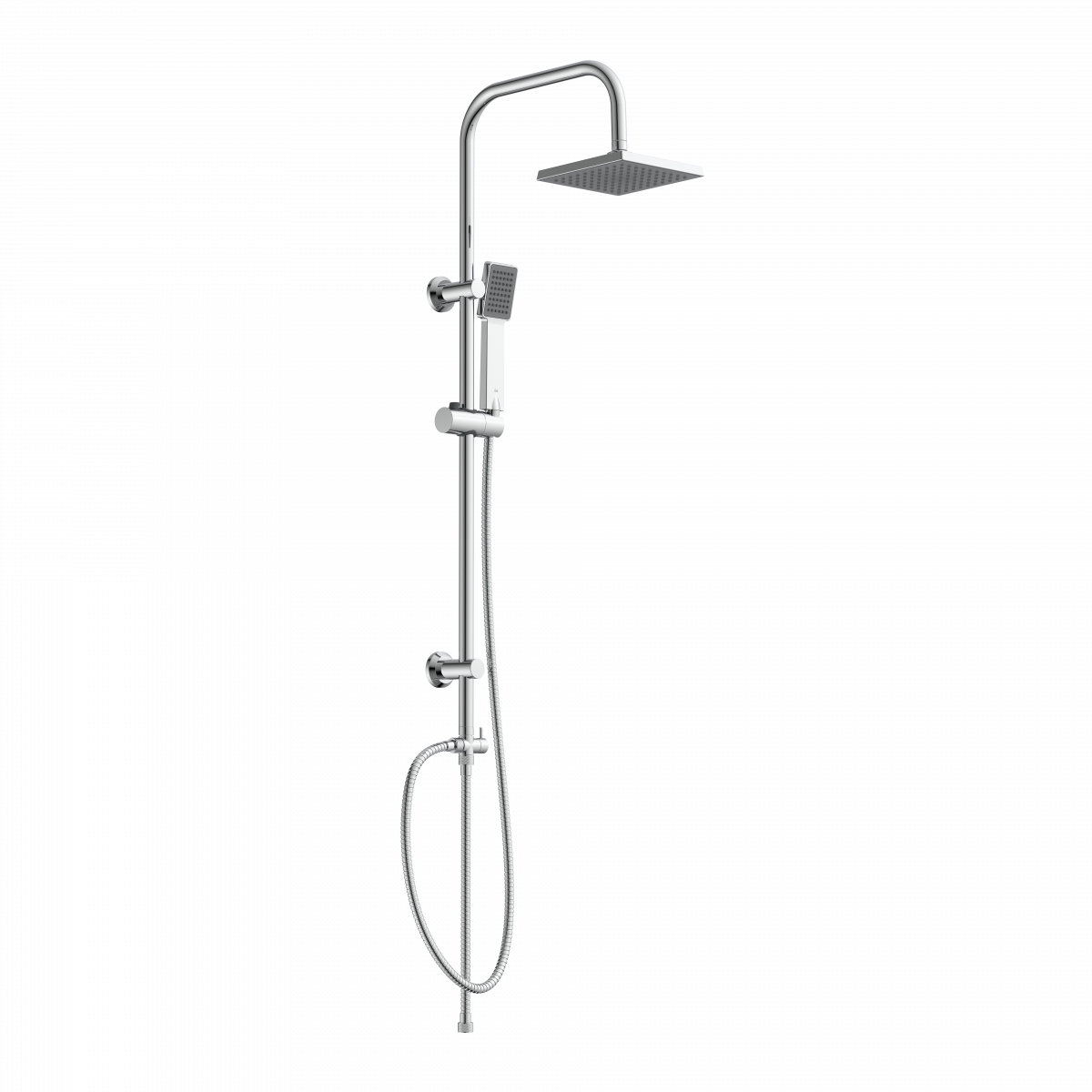 Chromfarbenes Duschsystem mit eckiger Kopfbrause, Handbrause und verstellbarer Stange.