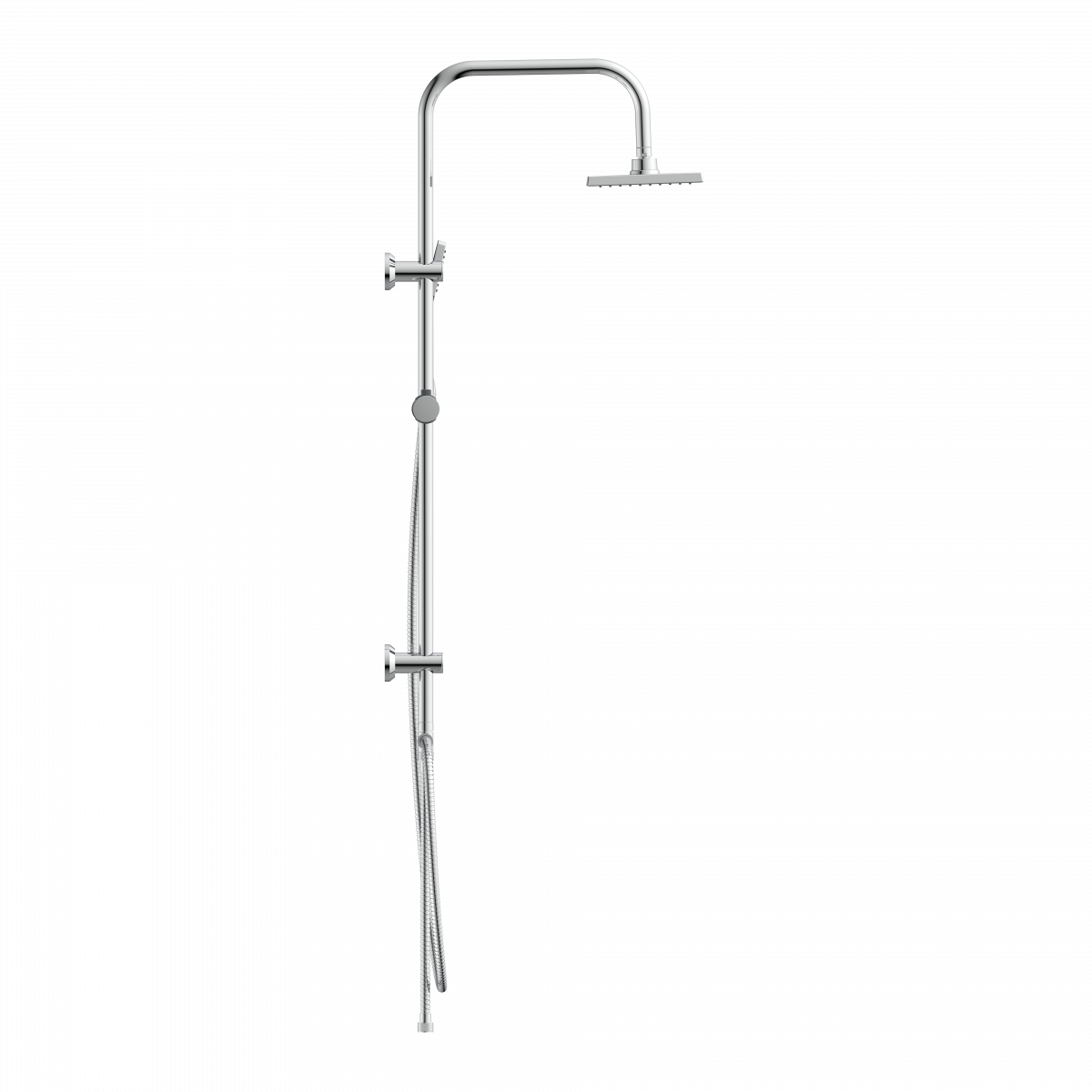 Duschsystem aus verchromtem Metall mit Kopfbrause, Handbrause und verstellbarer Halterung.
