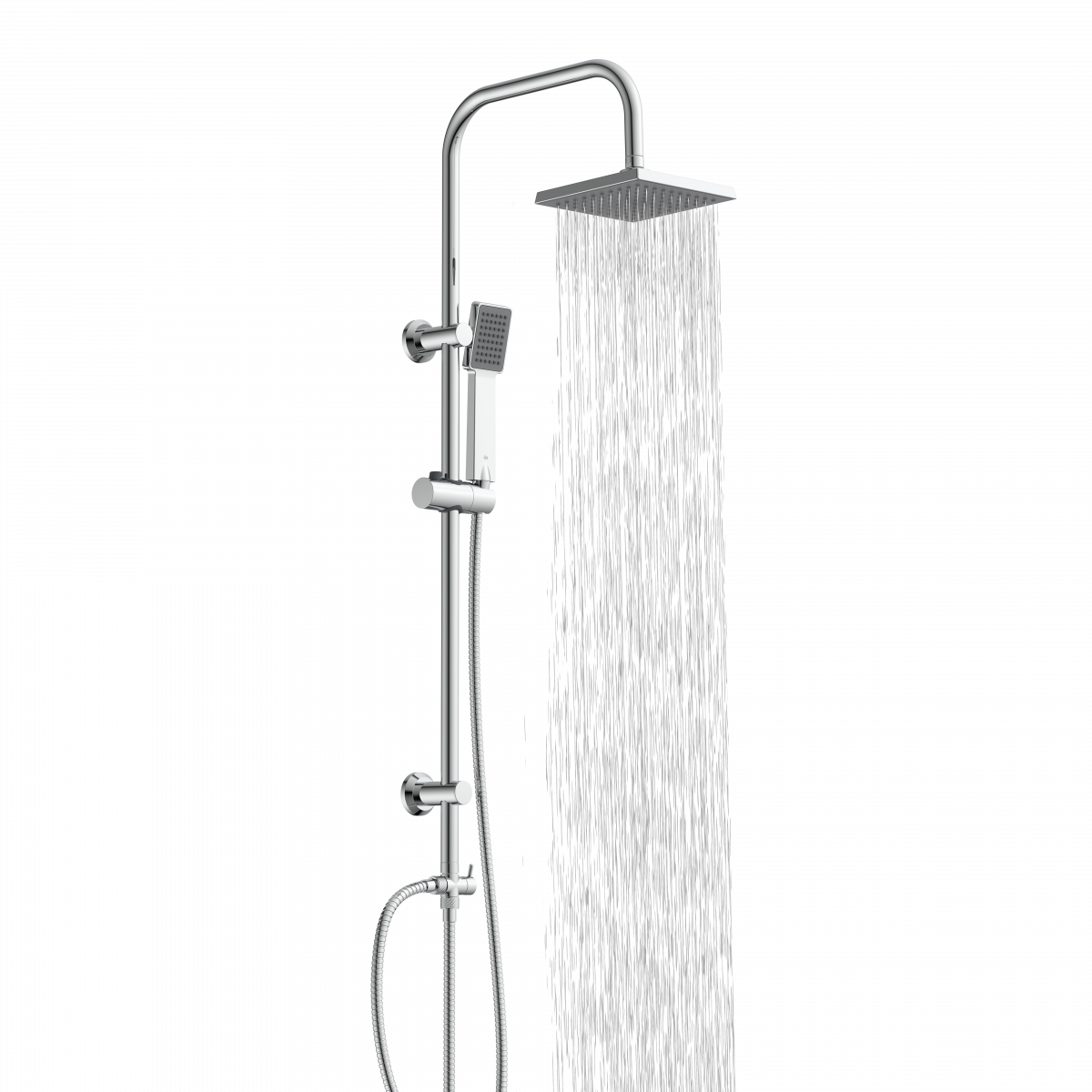 Duschsystem mit eckigem Duschkopf, Handbrause und herabfließendem Wasserstrahl.