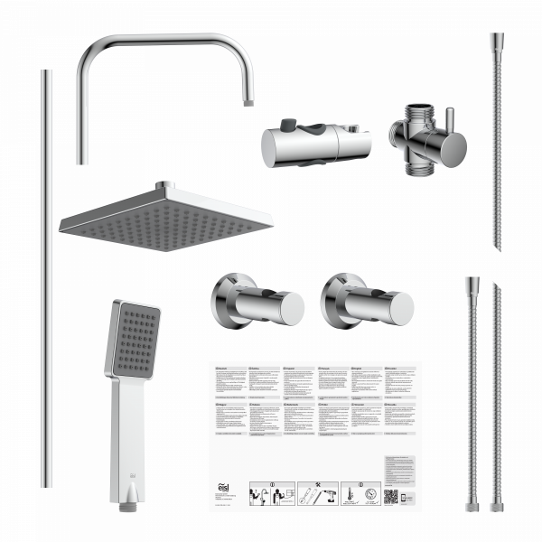 Duschsystem-Set aus Edelstahl mit Kopfbrause, Handbrause, Armaturen und Schläuchen.