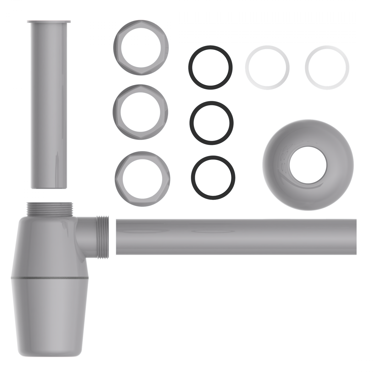 Graues Siphon-Set mit Rohr, Verbindungsstücken, Dichtungsringen und Überwurfmuttern.
