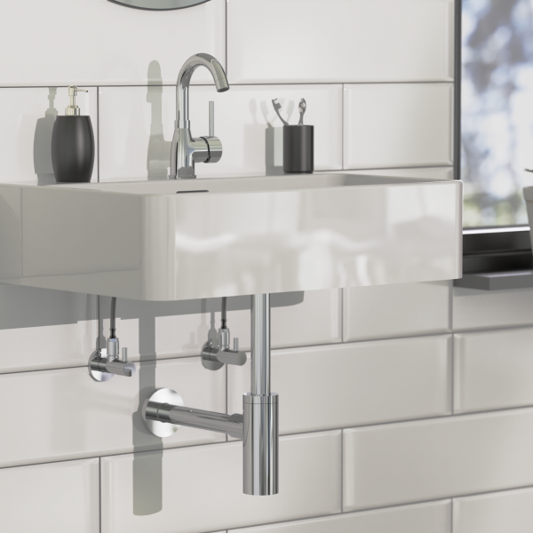 Verchromteer Flaschensiphon unter Waschbecken