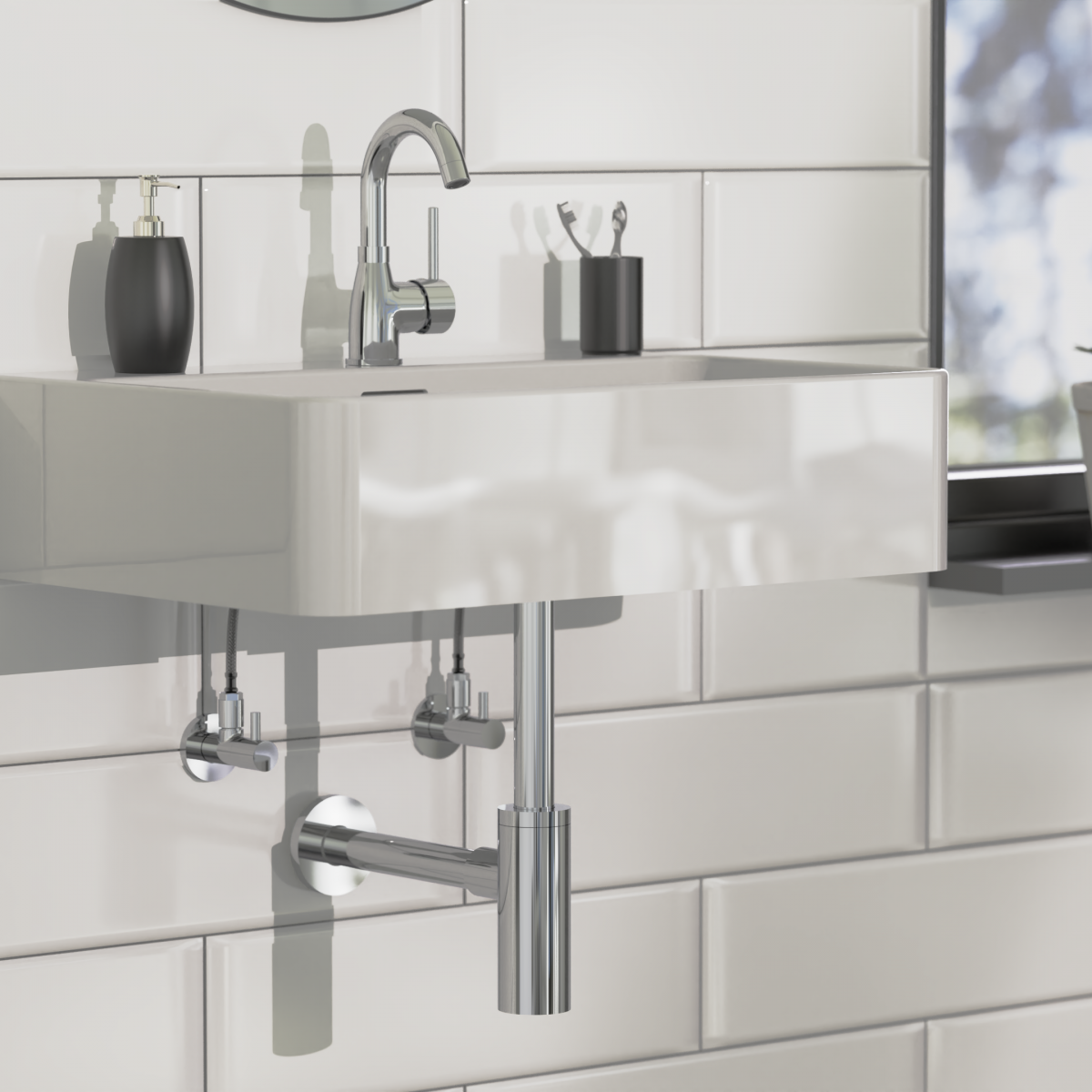 Verchromteer Flaschensiphon unter Waschbecken