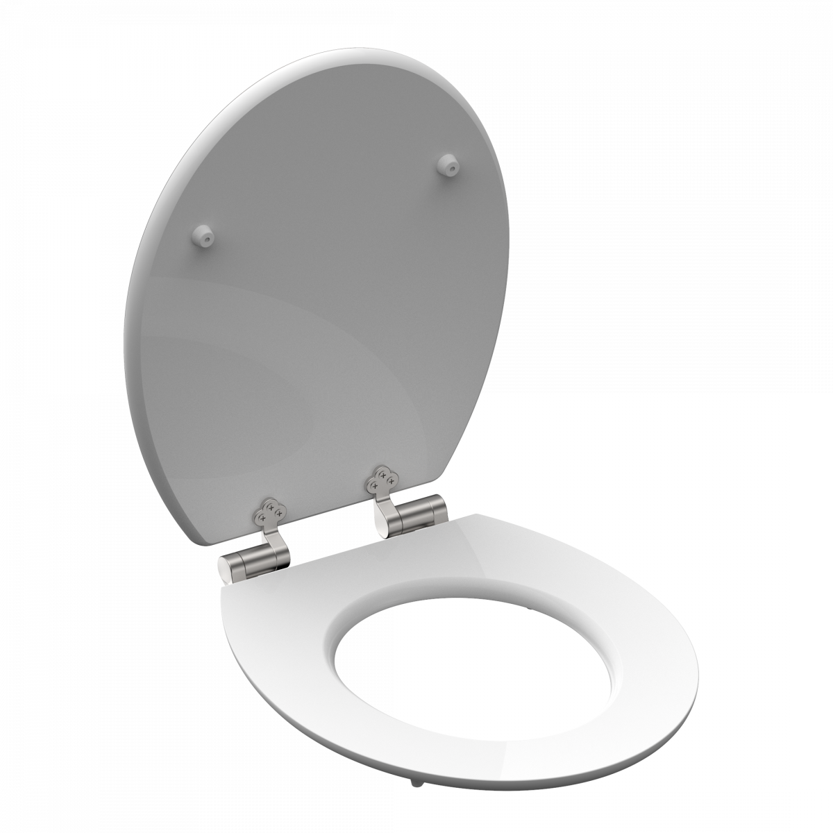 Weißer WC-Sitz mit geöffnetem Deckel und silbernen Metallscharnieren.