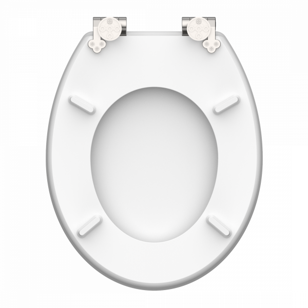 Weiße WC-Sitzunterseite mit vier Auflageflächen und zwei Scharnieren oben.