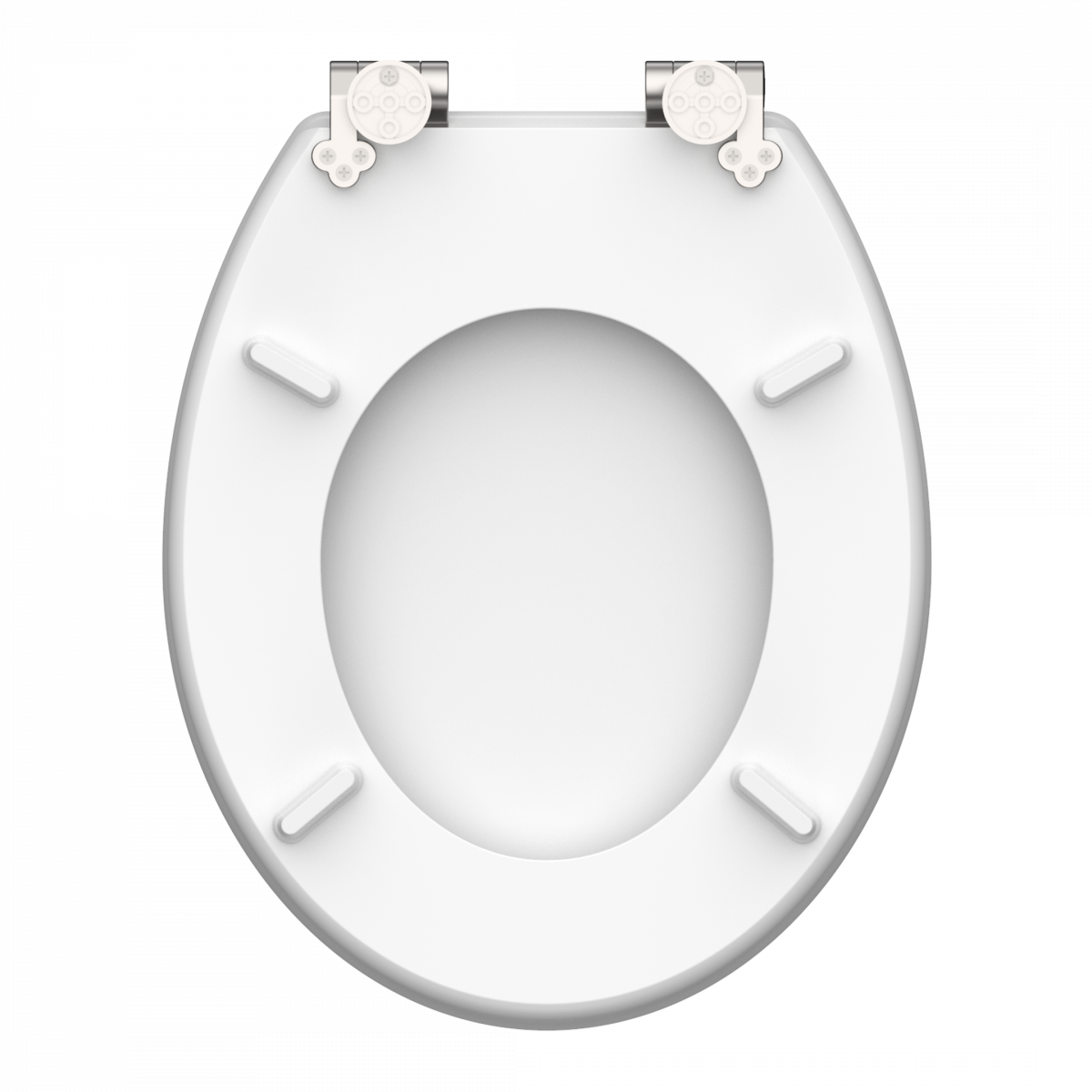 Weiße WC-Sitzunterseite mit vier Auflageflächen und zwei Scharnieren oben.