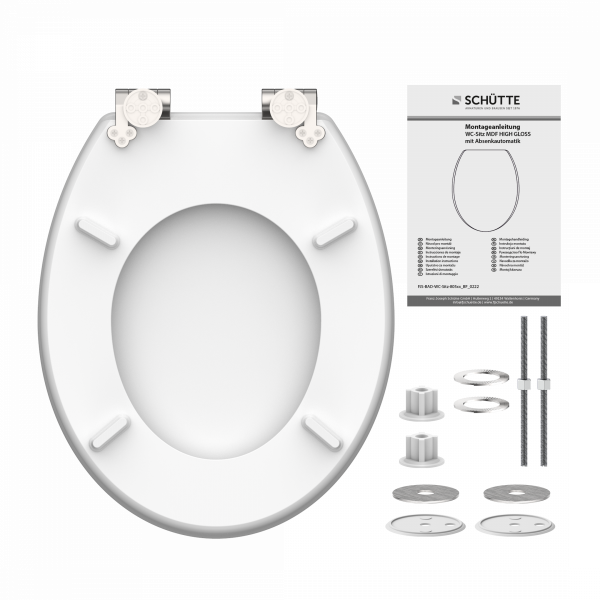 Weißer WC-Sitz mit Montageset, Scharnieren und Montageanleitung in Einzelteilen.