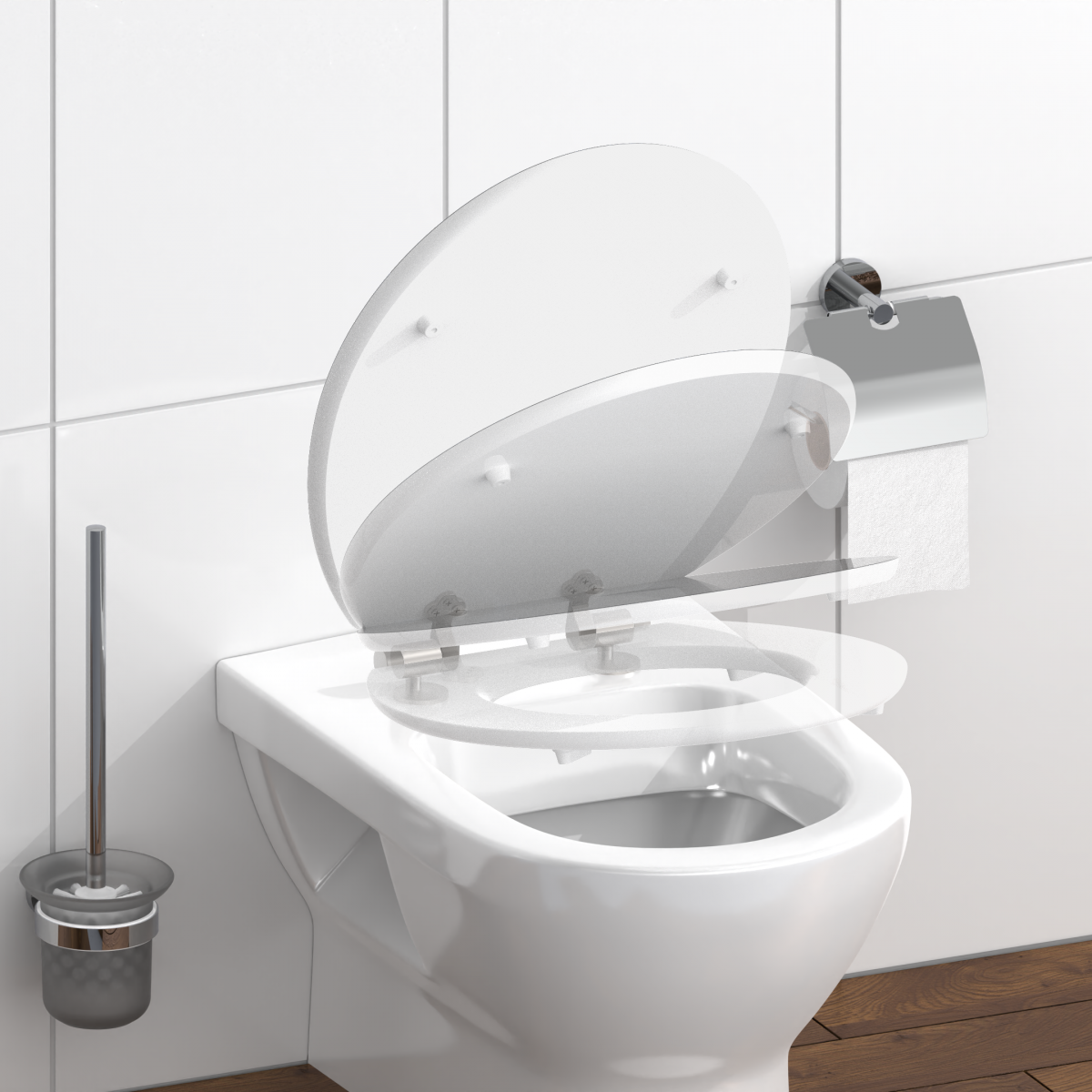 Weiße Wandtoilette mit halb geöffnetem WC-Sitz, Toilettenpapierhalter und Bürstengarnitur.