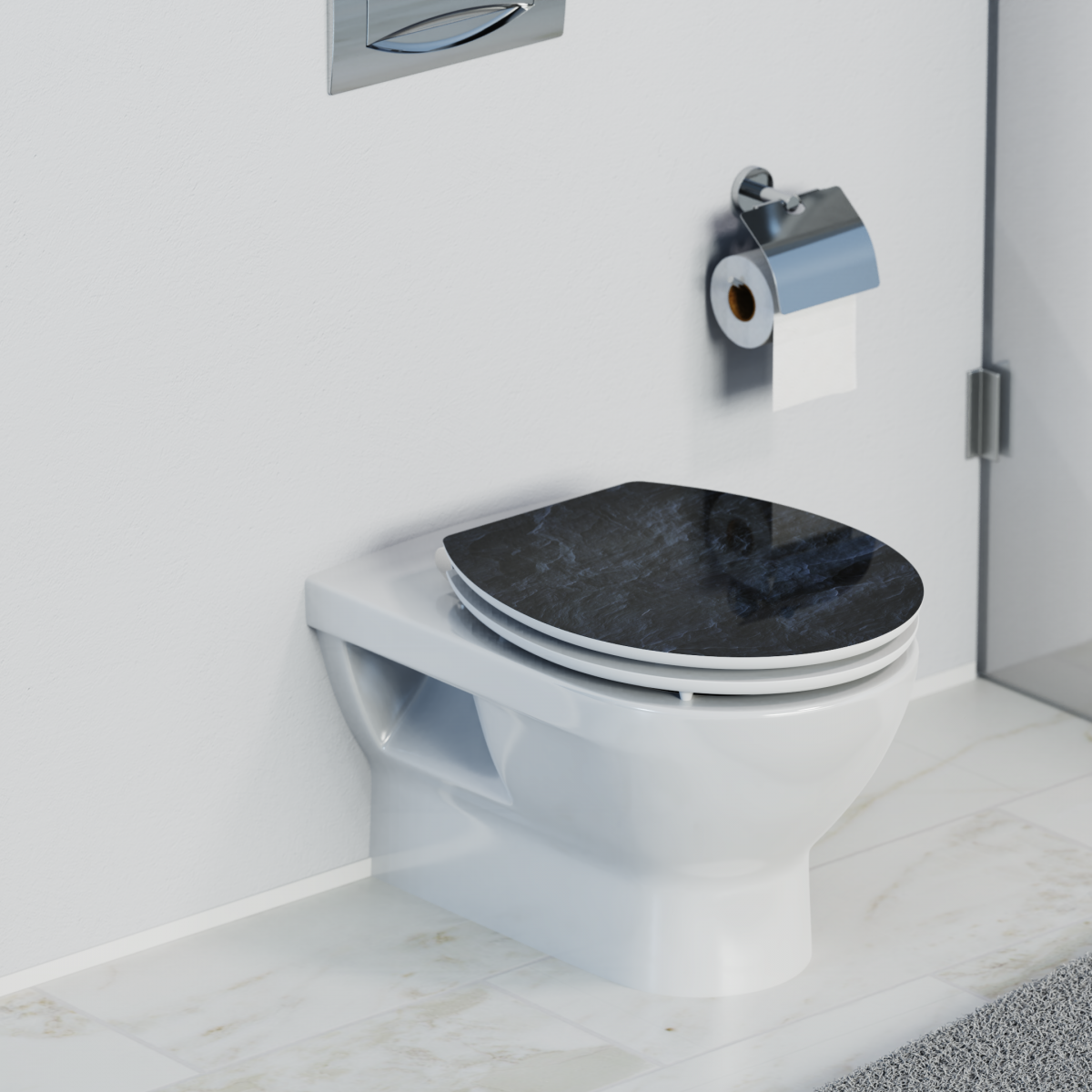 Wandhängende weiße Toilette mit geschlossenem schwarzen WC-Sitz und Toilettenpapierhalter.